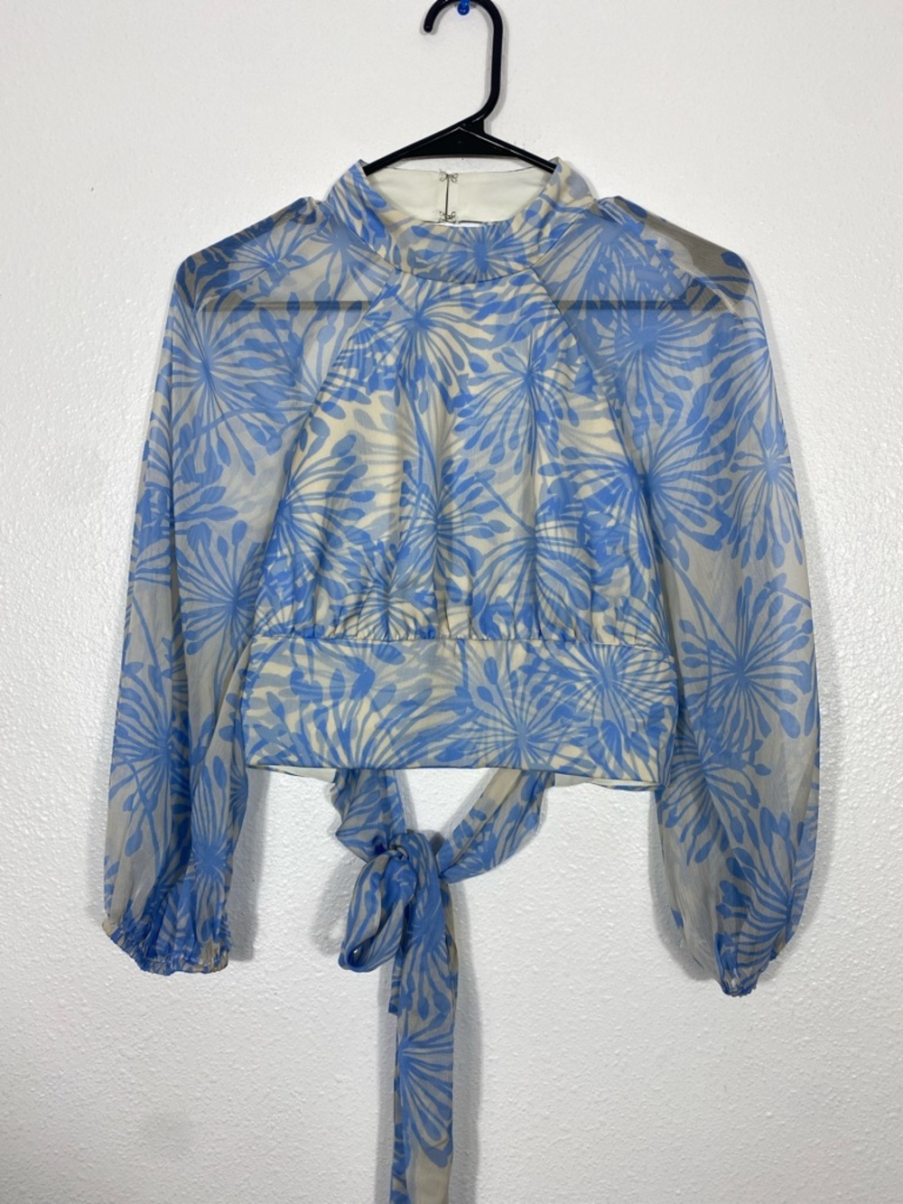 Amanda Uprichard Light Blue Floral Sheer Tie-Waist Crop Top Size S - Picture 4 of 16